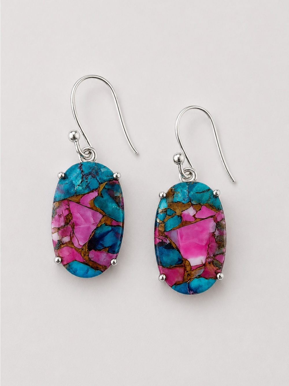 925 sterling Silver Pink & Turquoise Mosaic Drop Earrings